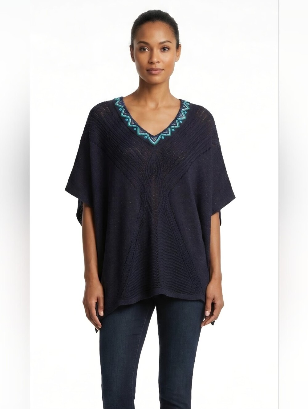 Chico's Navy V-Neck Knit Poncho Sweater with Teal Beaded Trim Size S/M